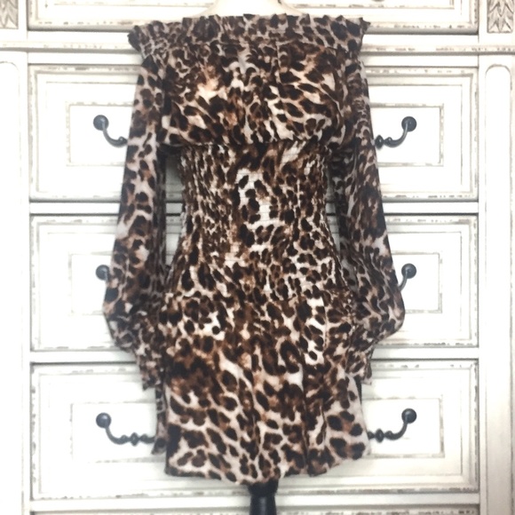 Gorgeous Off the Shoulder Boho Leopard Print Dress by Venus - Picture 1 of 6